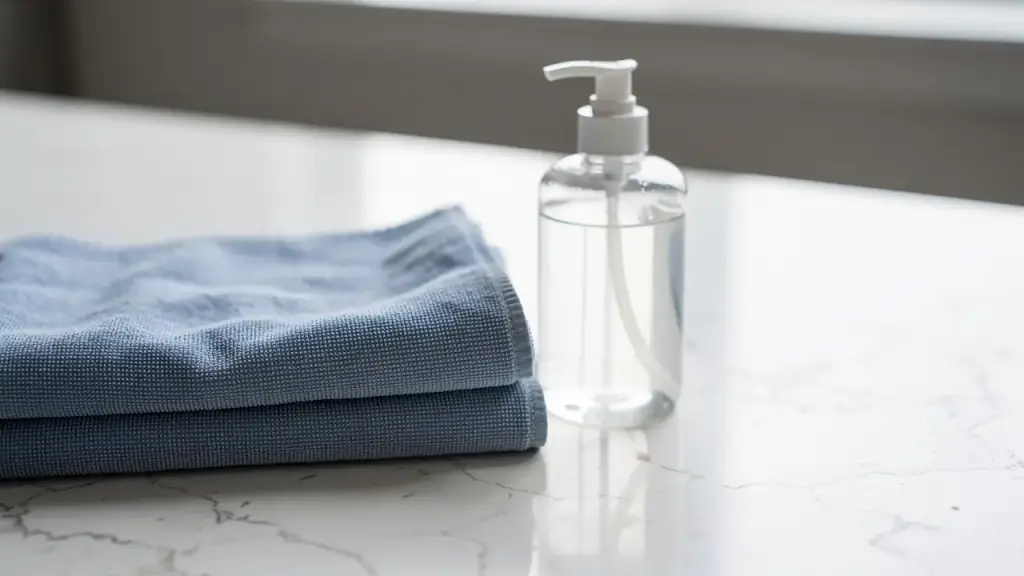 A folded steel-blue microfiber cloth and a spray bottle on a wiped white stone counter