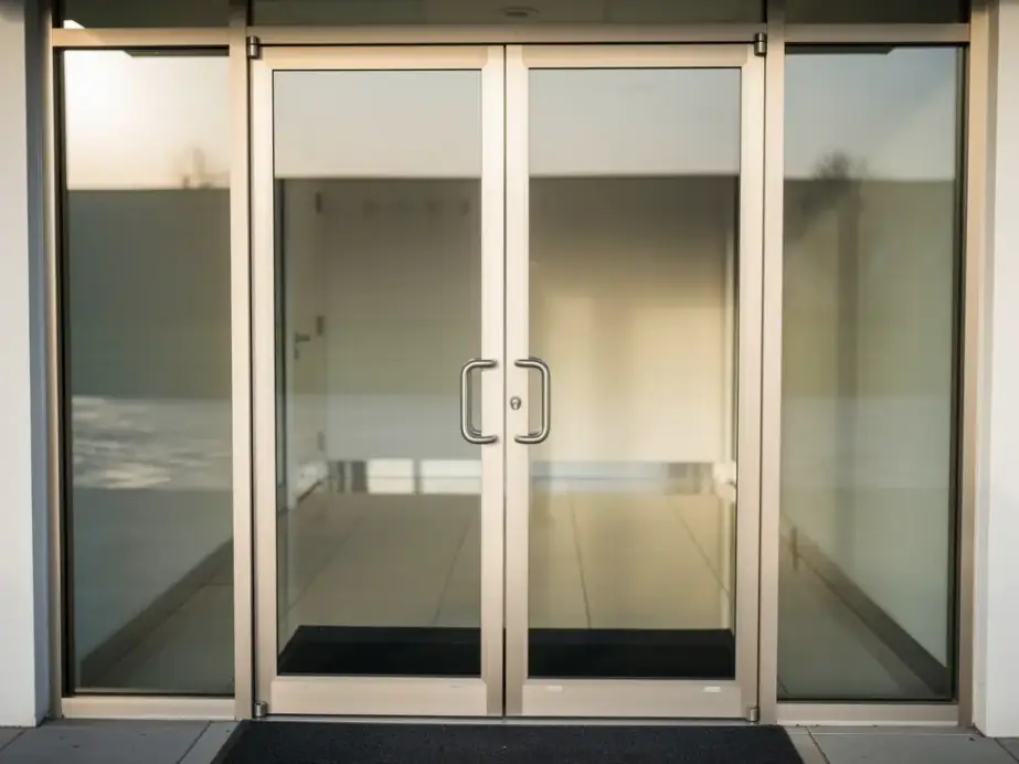 Streak-free glass entry doors to an office suite in morning light