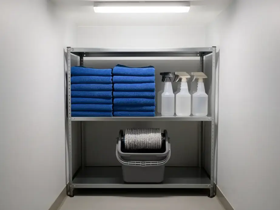 A tidy supply shelf of folded blue microfiber cloths and spray bottles