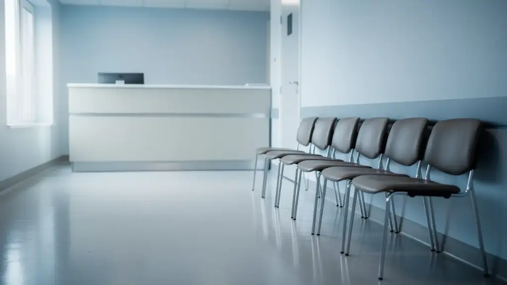A clinic waiting room with a sheened pale floor, a row of wiped chairs and a white reception counter