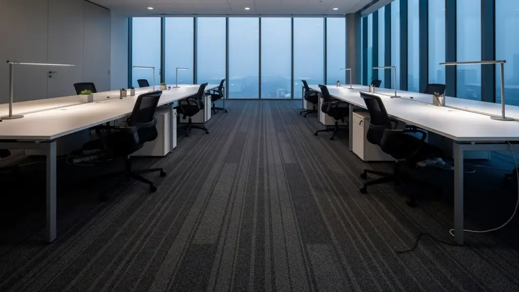 An open-plan office with wiped white desks and a freshly vacuumed striped carpet