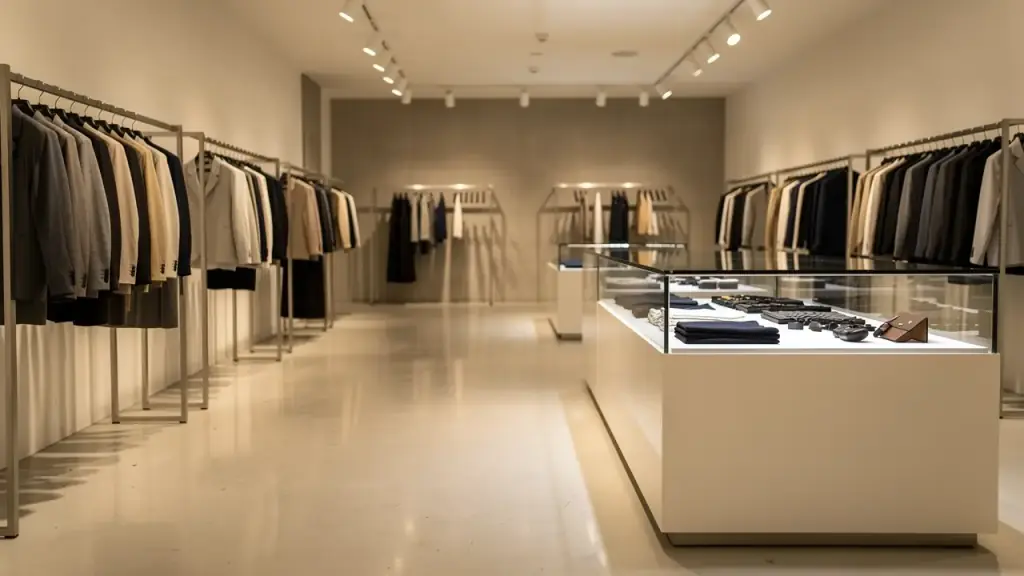 A boutique retail floor with polished concrete, neat clothing rails and a clean glass counter
